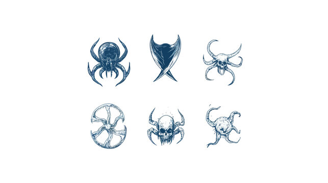 Collection of six dark, blue horror-themed stylized designs on a white background