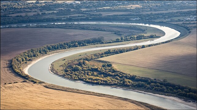 oxbow. Aerial view of a river making an irregular bend across a flat plain in daylight. travel magazines, destination branding, designed for travel destination branding, used by it administrators.