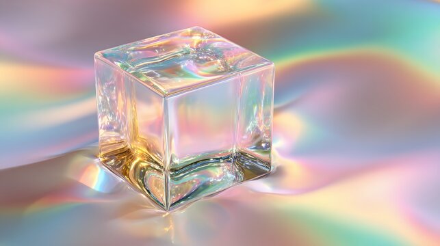 Iridescent crystal cube with holographic rainbow reflections