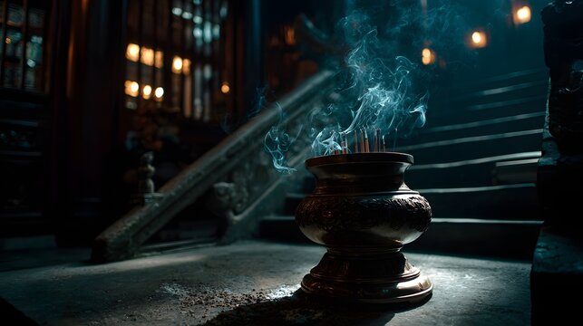 Incense smoke in dark temple spiritual ritual meditation atmosphere concept