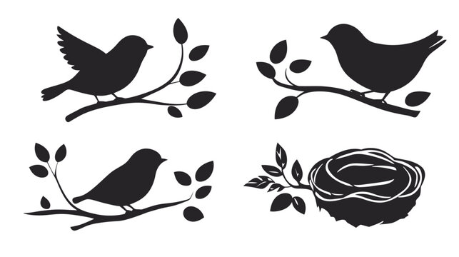 Four bird silhouettes perched on branches, plus one empty nest on branch