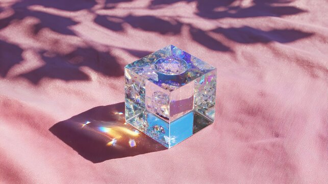 Prismatic crystal cube refracting rainbow light