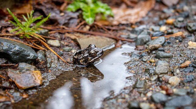 Small frog resting in a puddle on the ground