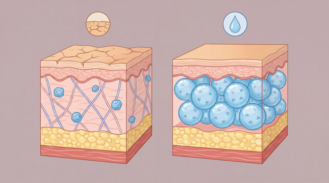 Dry skin layer hydrated skin layer skin structure epidermis dermis subcutaneous moisture collagen elasticity healthy comparison illustration