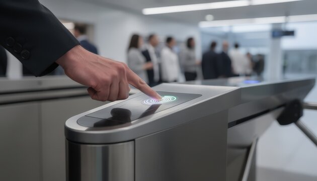Turnstile equipped with a biometric fingerprint scanner in sharp focus capturing a users hand in midswipe while the waiting area behind is softly out of focus.