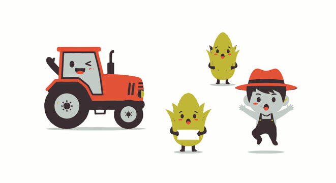 Cartoon Tractor and Corn Characters on White Background.