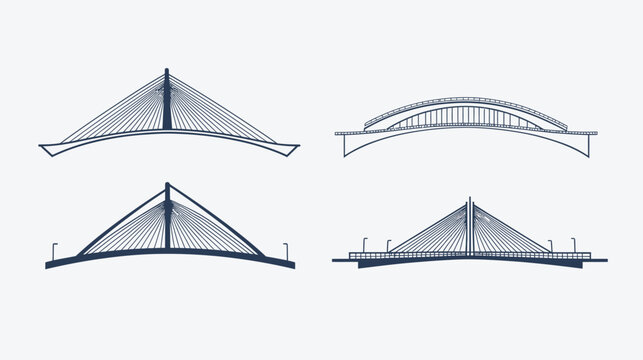 Four different navy blue bridge designs on a white background, in a linear style