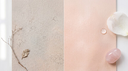 Fototapeta premium Dry cracked texture, branch, and leaf contrast with smooth hydrated surface, water droplet, rose quartz, and petal, symbolizing abstract split concept of dryness and moisture in skincare