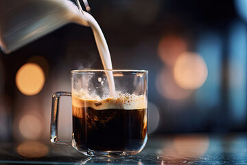 Fototapeta premium Coffee with cream on a glass table. Pouring milk in black coffee. 