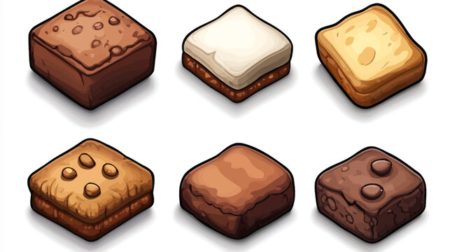 Isometric cartoon desserts six square pastries with various toppings on a white field