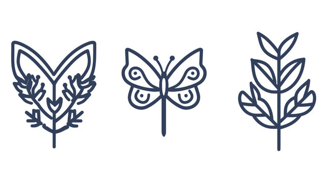 Three stylized line drawings fox face, butterfly, leafy branch on white