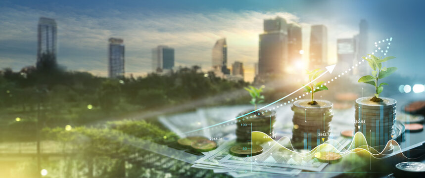 Concept of global green business growth, profit, development and success. Renewable energy-based green business can limit climate change environmental balance and global warming.