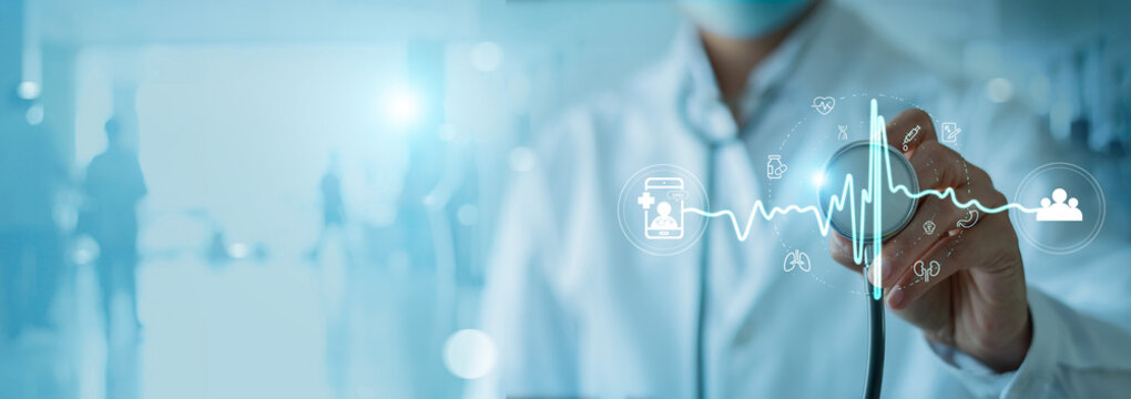 Medicine doctor and stethoscope in hand with heartbeat and icon medical network connection, Telemedicine, Medical technology service to solve people health.