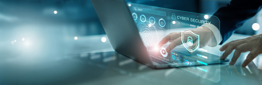 Businessman are setting up security systems to protect against digital cyberattacks on network with Biometric identification and fingerprint scanning unlock and access to business data.