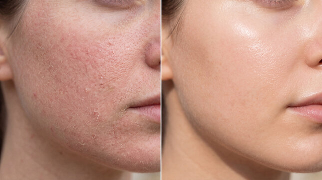 Before and after comparison of female face showing improvement skin texture, reduced redness, minimized pores, and smoother, glowing complexion, highlighting effective barrier repair