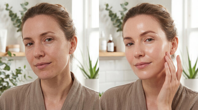 Radiant woman with glowing skin before and after skincare natural light healthy complexion smooth texture indoor self care beauty routine happiness freshness