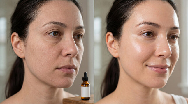 Serum effect comparison woman face before and after skincare smooth skin glowing complexion healthy beauty transformation close up natural light female