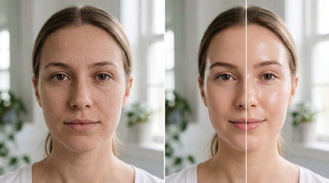 Serum effect comparison woman face before and after skincare visible skin improvement even tone smooth texture healthy glow natural light indoor beauty happiness