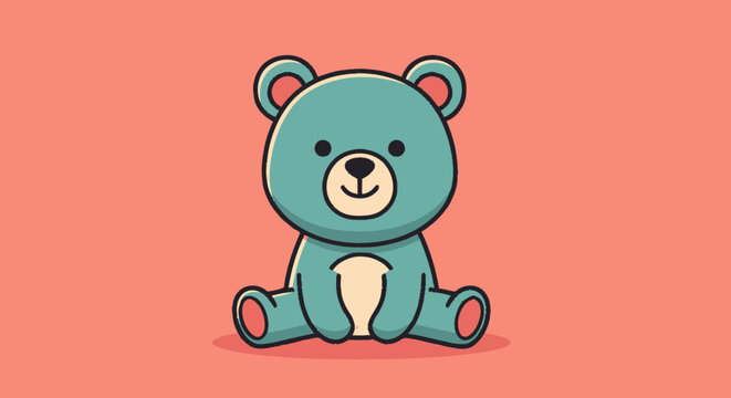 Cute Cartoon Bear Sitting with a Happy Expression on Pink Background.