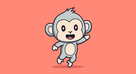 Fototapeta premium Cheerful Cartoon Monkey Waving Hand and Smiling Happily on Pink Background.