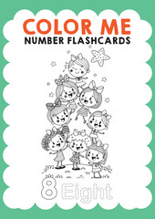 Fototapeta premium Color me number flashcards vector counting ten girls kids number kids kindergarten color maths activity worksheet
