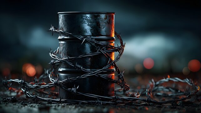 Rusty oil barrel wrapped in barbed wire on dark ground, perfect for energy crisis concept, geopolitical tension