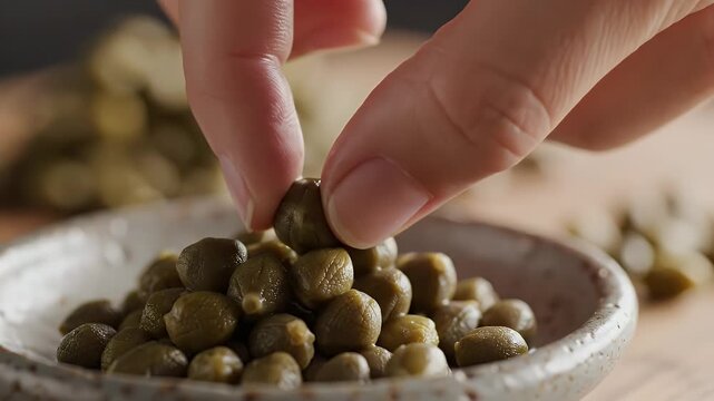 Hand picking a single caper from a pile in a bowl