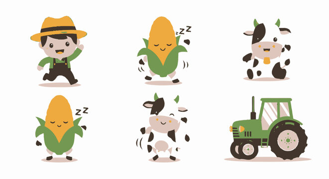Cute cartoon farmer cow and corn characters with tractor.