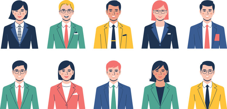 Diverse business people avatars set, professional team portraits, corporate characters illustration, modern flat style, office workers, smiling faces, diversity, teamwork