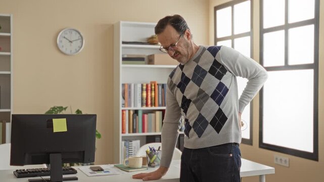 Man with hand on lower back leaning on a desk beside a computer monitor in a sunlit office, pressing into the desk for support while wincing; discomfort.