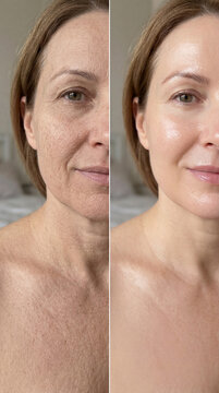 Middle aged woman smooth skin skin texture improvement before and after skincare healthy complexion glowing skin natural light beauty female close up indoor