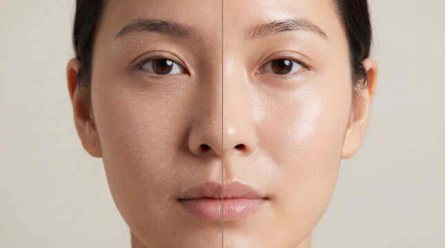 Dry skin hydrated skin split face skincare comparison woman close up healthy beauty moisture smooth facial