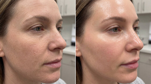 Split face hydration comparison woman close up smooth skin dry skin hydrated skincare facial treatment healthy before and after beauty indoor