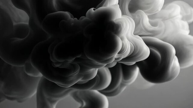 Abstract black and white swirling smoke patterns on gray background