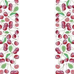 Obraz premium Cherry fruit clipart. Hand drawn fresh ripe berries. Summer garden blossom, juicy dessert, farm harvest. Set of watercolor botanical illustrations for label, menu, logo, invitation or packaging design
