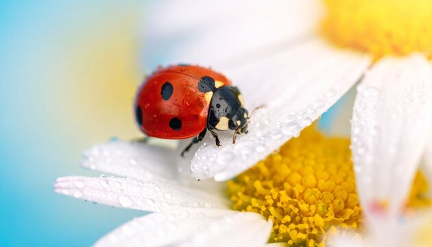 Ladybug on white daisy flower