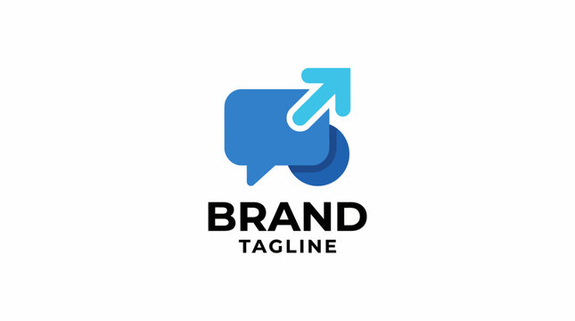 A lively logo incorporating a speech bubble and upward arrow, suggesting communication and growth, suitable for social media or marketing agencies.