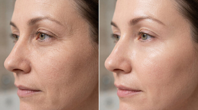 Before and after comparison of woman face showing reduced wrinkles, smoother skin texture, improved hydration, and youthful, radiant complexion