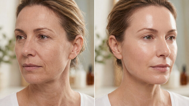Mature woman before and after skincare showing reduced wrinkles fine lines improved hydration smooth skin texture and radiant complexion demonstrating effective anti aging treatment