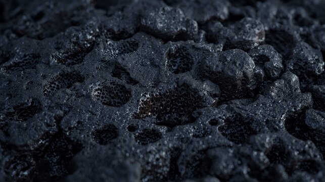 Close-up abstract scene of a ripe black berry like a gem on sandy beach texture with ocean elements tiny ants and small aquatic creatures in a summer natural setting