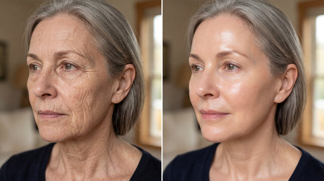 Mature woman before and after skincare wrinkle reduction fine line hydration healthy skin anti aging glowing complexion natural light home interior beauty confidence