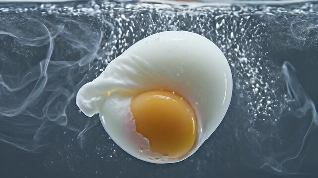 Poached egg white congealing in boiling water