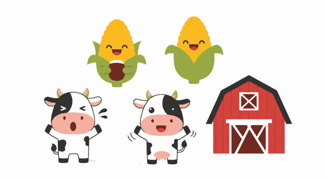 Cute Cartoon Cows and Corn with Red Barn Illustration.