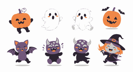 Fototapeta premium Cute Halloween Characters Collection - Pumpkin, Ghosts, Bats, and Monsters.
