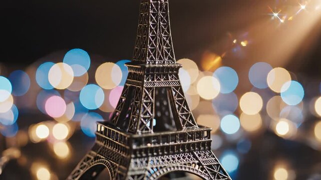 Eiffel Tower Miniature Model on Reflective Table with Bokeh Lights