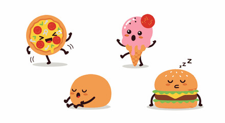Fototapeta premium Cheerful Pizza, Ice Cream, Bun, and Burger Characters in a Cute Cartoon Style.