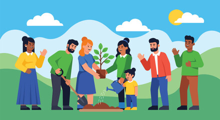 Fototapeta premium A diverse community group of adults and a child collaboratively planting a young tree in a vibrant green park under a sunny sky, promoting environmental stewardship and teamwork.