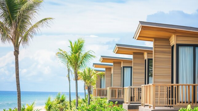 beachfront. A beachfront bungalow at a seaside resort with tropical landscaping and an ocean view. tourism brochures, itinerary planners, designed for travel destination branding.
