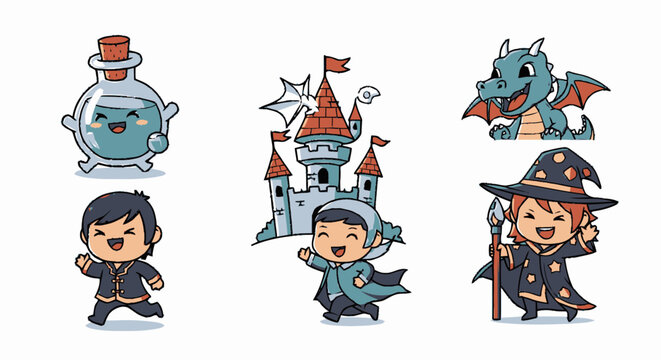 Cute Cartoon Fantasy Character Set With Castle.