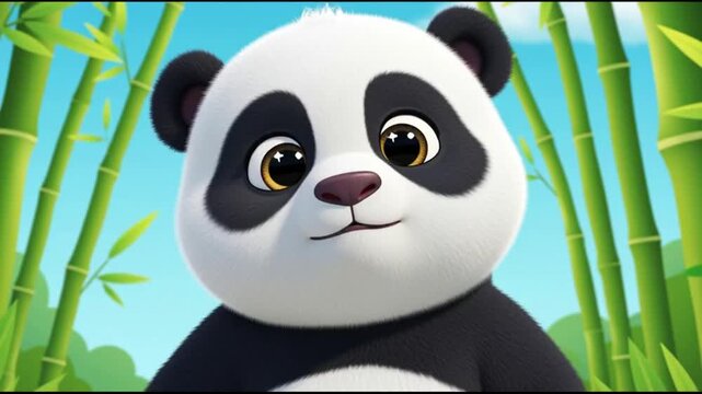 Friendly Panda Waving Near Green Bamboo. Cute 3D panda character waving hello while sitting near fresh green bamboo.